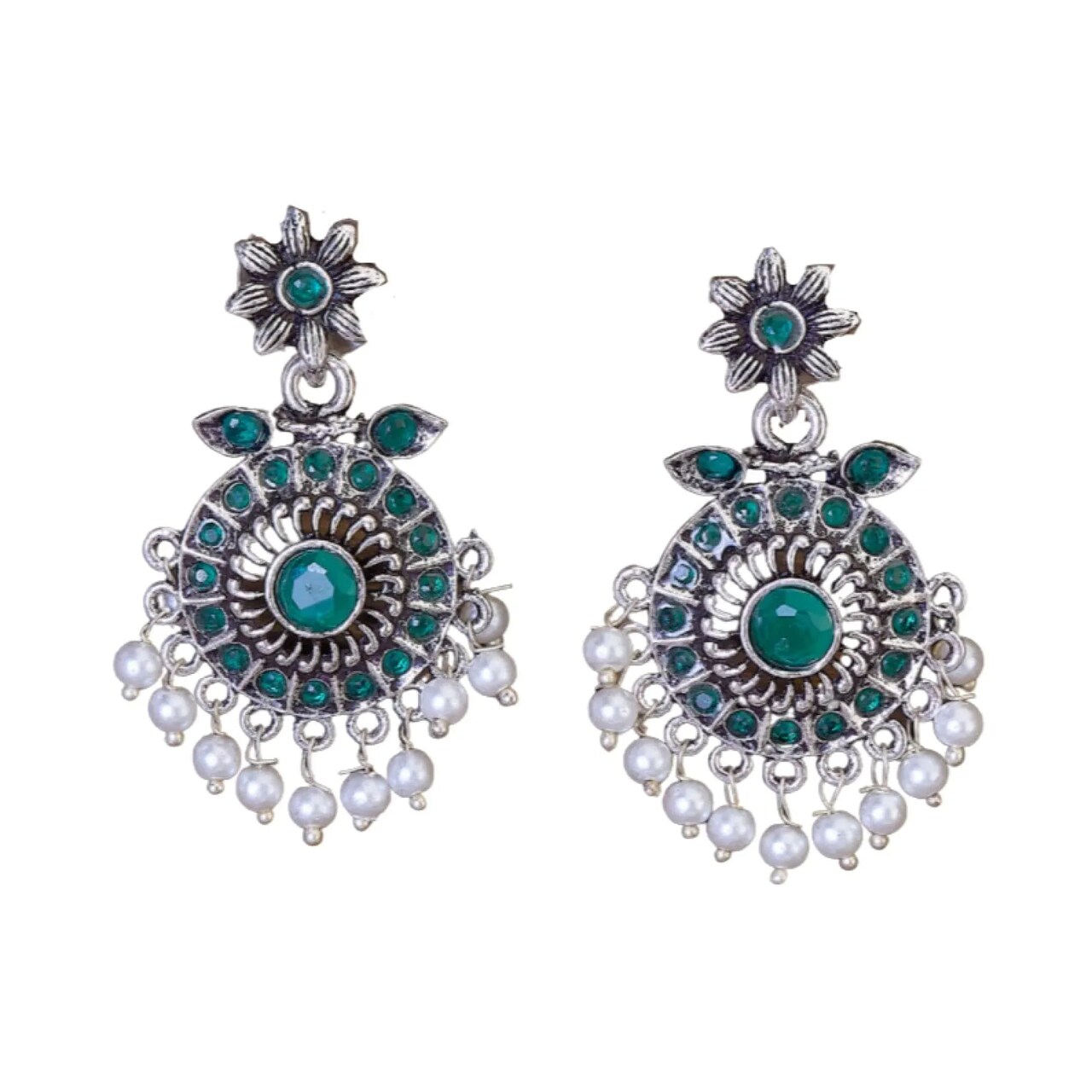 Indian Oxidized Jhumka Earrings for Women - Round Oxidized Jhumki Ethnic Chandbali Earrings Faux Pearls with Oxidized Platting Bollywood Style Dangle Earring Jewelry for Bride Gift for Her